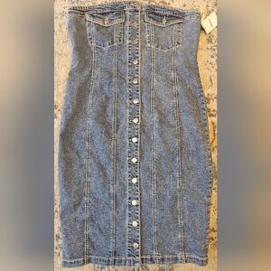 Button-Front Denim Jean Tube Top Dress